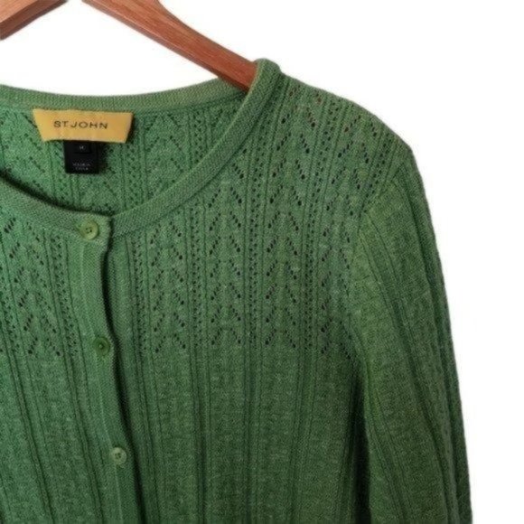 St. John Green Cable Knit Cardigan Sweater size M Medium Wool Blend - Picture 5 of 12